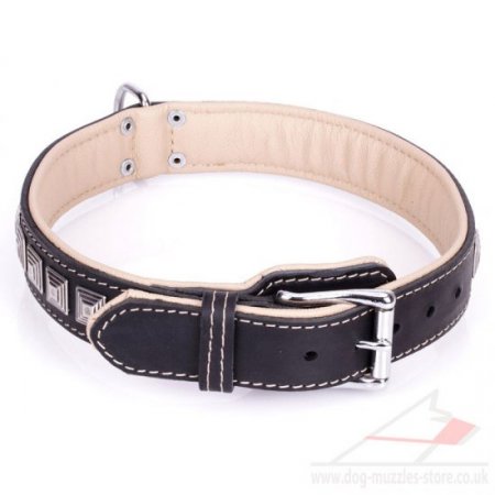 Strong Black Leather Collar For Dog Studded With Chic Squares