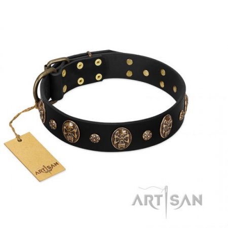 Adorable Black Leather Dog Collar "Pirate’s Spell" FDT Artisan