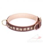 Alluring Brown Leather Dog Collar “Pyramid” With Adornment