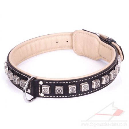 "Cube" Flexible Black Real Leather Dog Collar