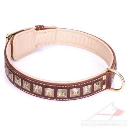 Alluring Brown Leather Dog Collar “Pyramid” With Adornment