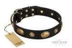 Artisan Black Leather Dog Collar with Smooth Brass Medallions