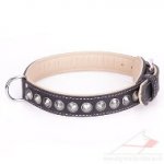 "Cone" Elegant Black Real Leather Dog Collar With Shiny Studs