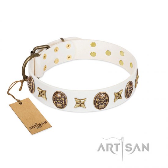 White Leather Dog Collar With Plates And Medallions