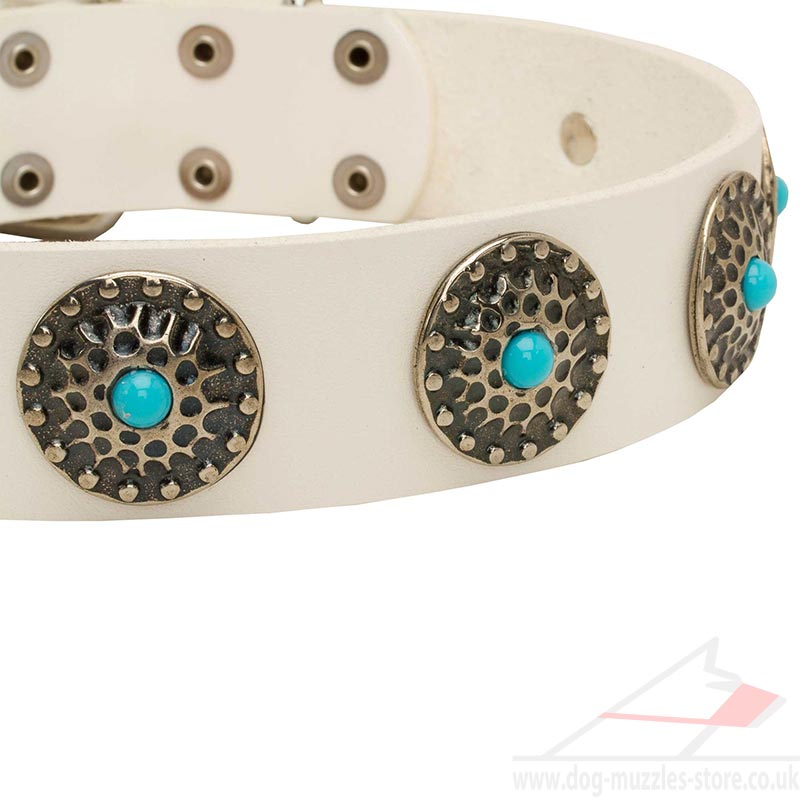 White Leather Dog Collar with Blue Stones Royal Dog Collar