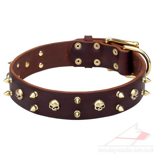 Exquisite Handmade Leather Dog Collar with Brass Spikes&Skulls - Click Image to Close