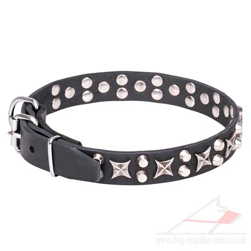 Beautiful Leather Dog Collar "Shining Stars" 1 1/5 inch (30 mm)